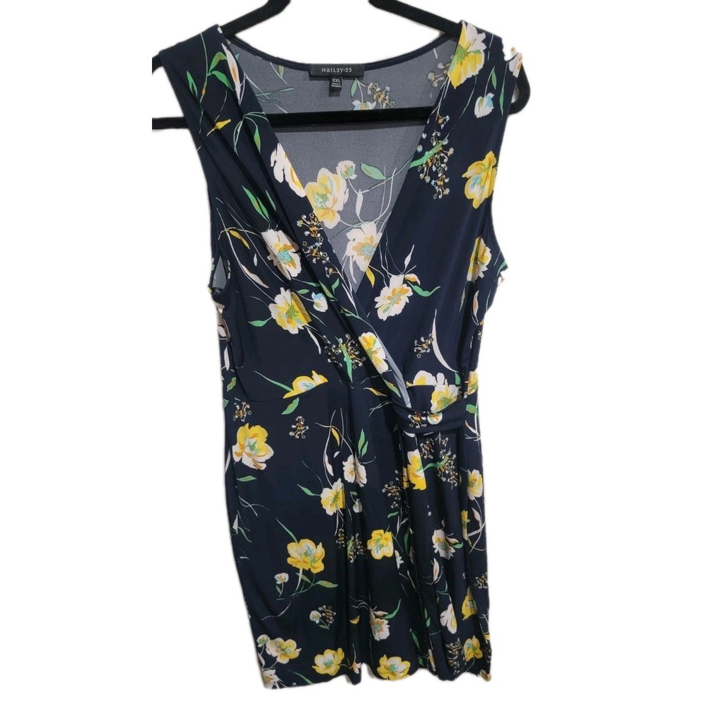 Hail3y:23 Floral Faux Wrap Dress‎ Navy Blue Yellow Sleeveless Plus Size XXL